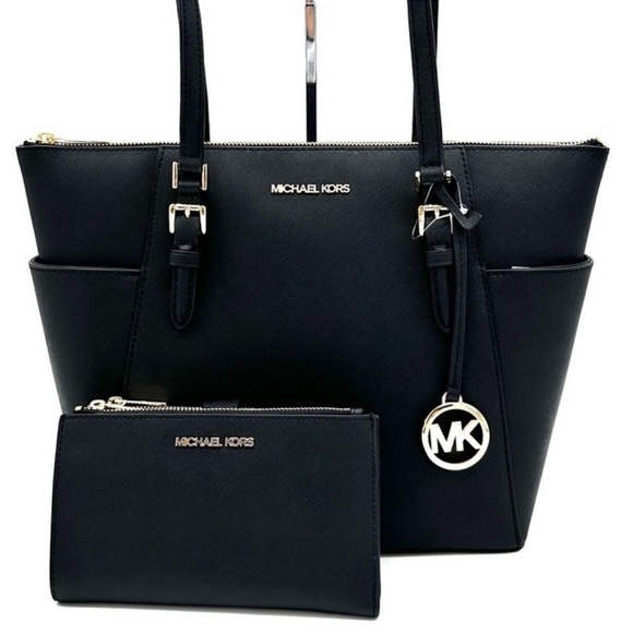 Michael Kors Large Charlotte Tote Bag & Large Double Zip Wallet Black (NWT) - Picture 1 of 14